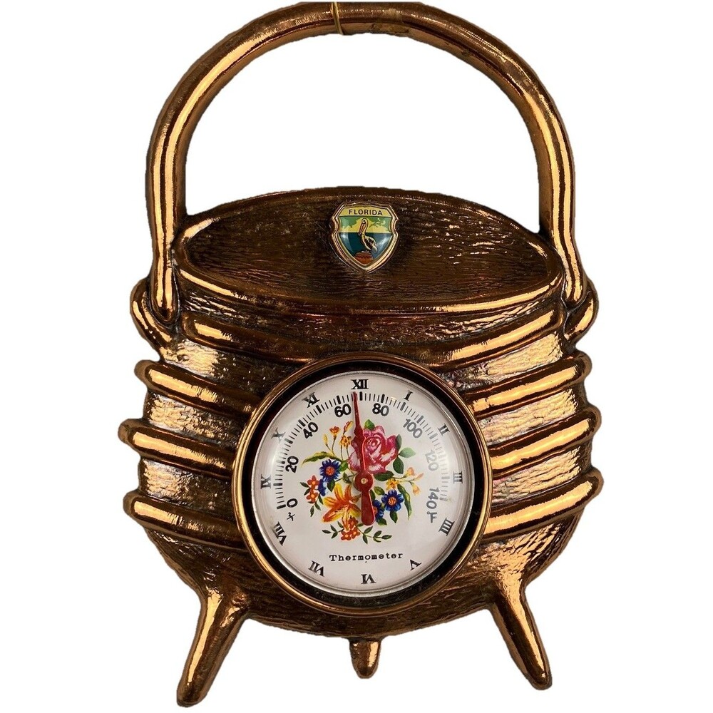 VTG MCM “Copper Kettle” Florida Souvenir Thermometer Floral Bouquet, Pelican